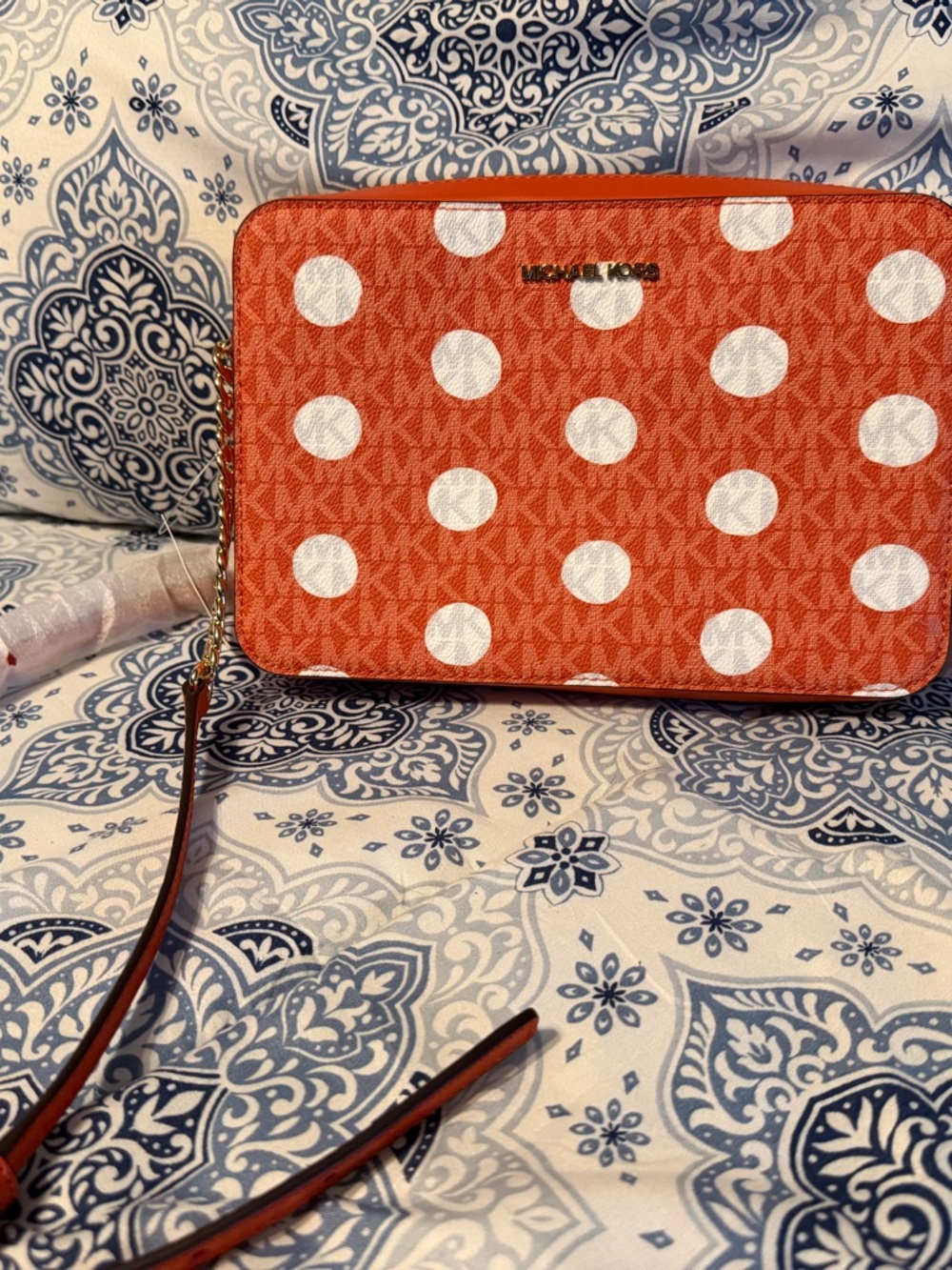 Michael Kors Orange and White Polka Dot Crossbody Bag